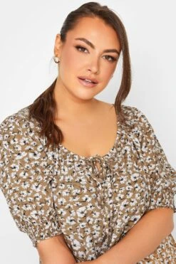 YOURS Curve Beige Brown Floral Print Gypsy Top -Saga Dresses Shop ec4e8d91 4f30 47 131967 D