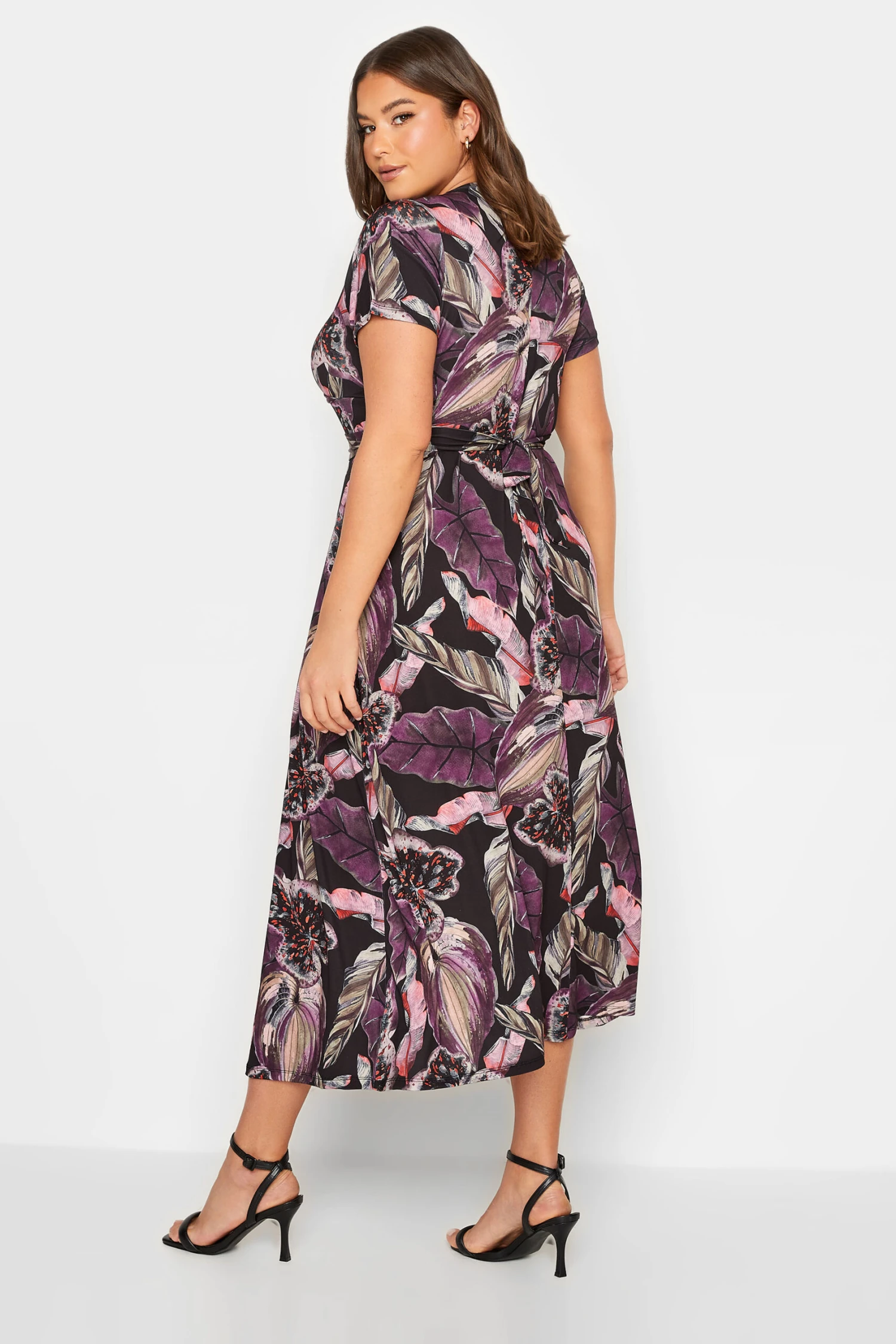 YOURS Curve Black Leaf Print Wrap Dress 2 YOURS Curve Black Leaf Print Wrap Dress - Image 2