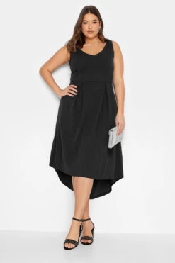 YOURS LONDON Curve Black High Low Pleated Midi Dress