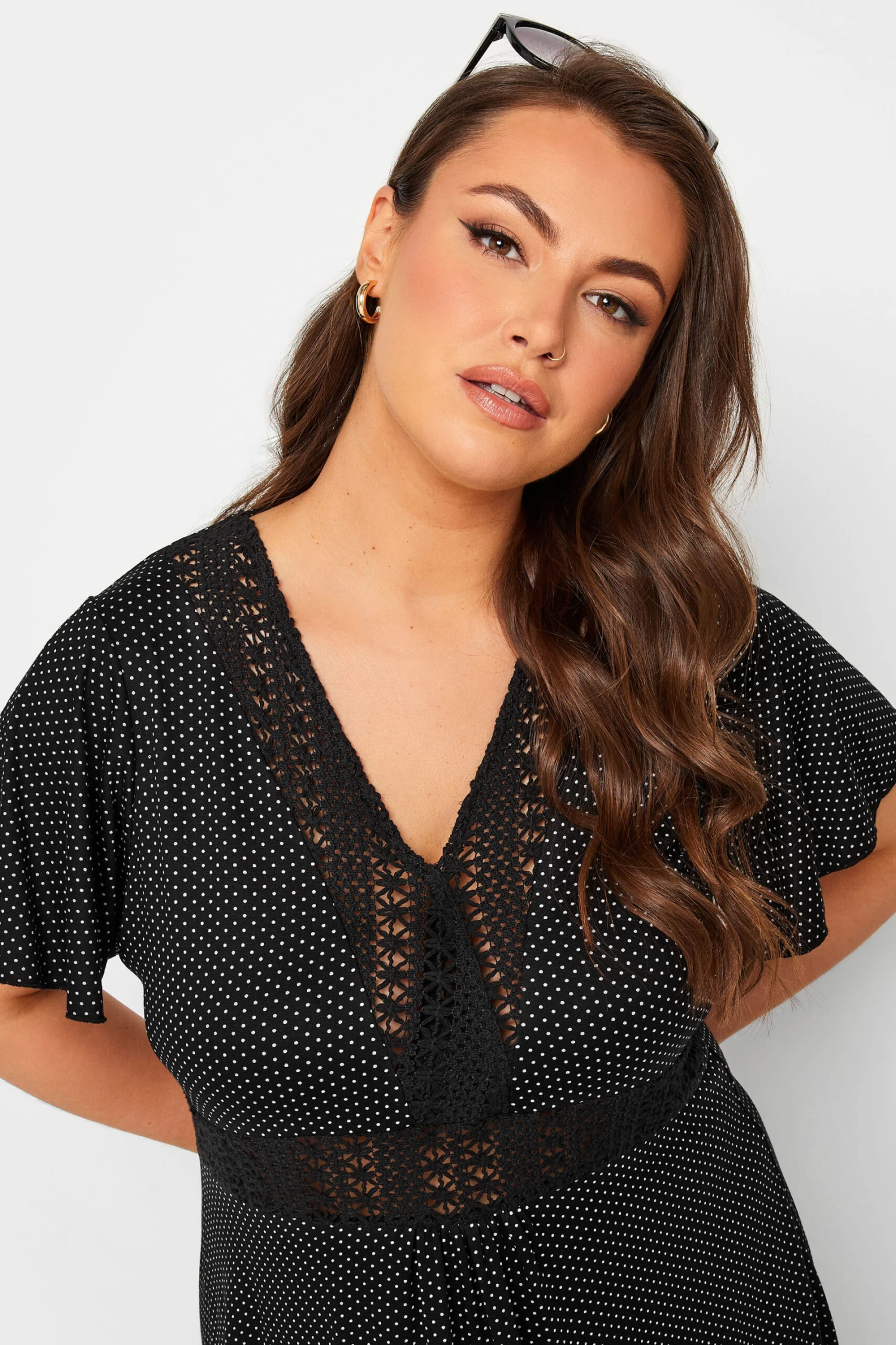 YOURS Curve Black Polka Dot Print Lace Detail Dress 3 YOURS Curve Black Polka Dot Print Lace Detail Dress - Image 3