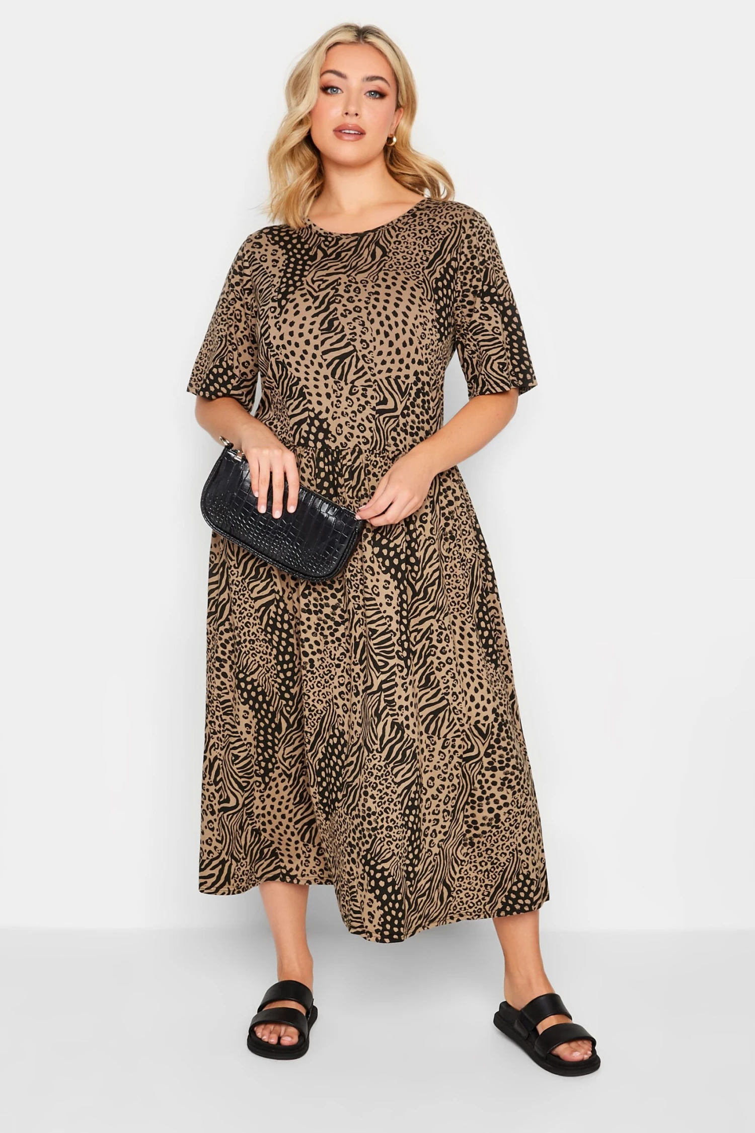 YOURS Curve Brown Mixed Animal Print Midi Smock Dress 1 YOURS Curve Brown Mixed Animal Print Midi Smock Dress