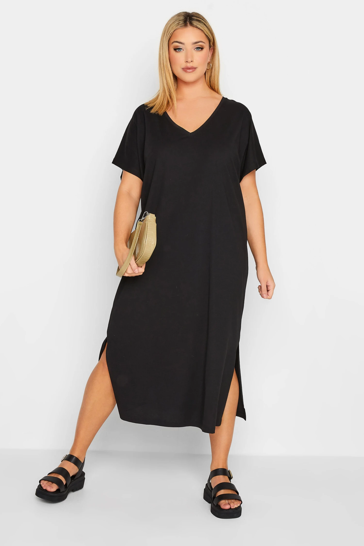 YOURS Curve Black Side Split Midaxi T-Shirt Dress 1 YOURS Curve Black Side Split Midaxi T-Shirt Dress
