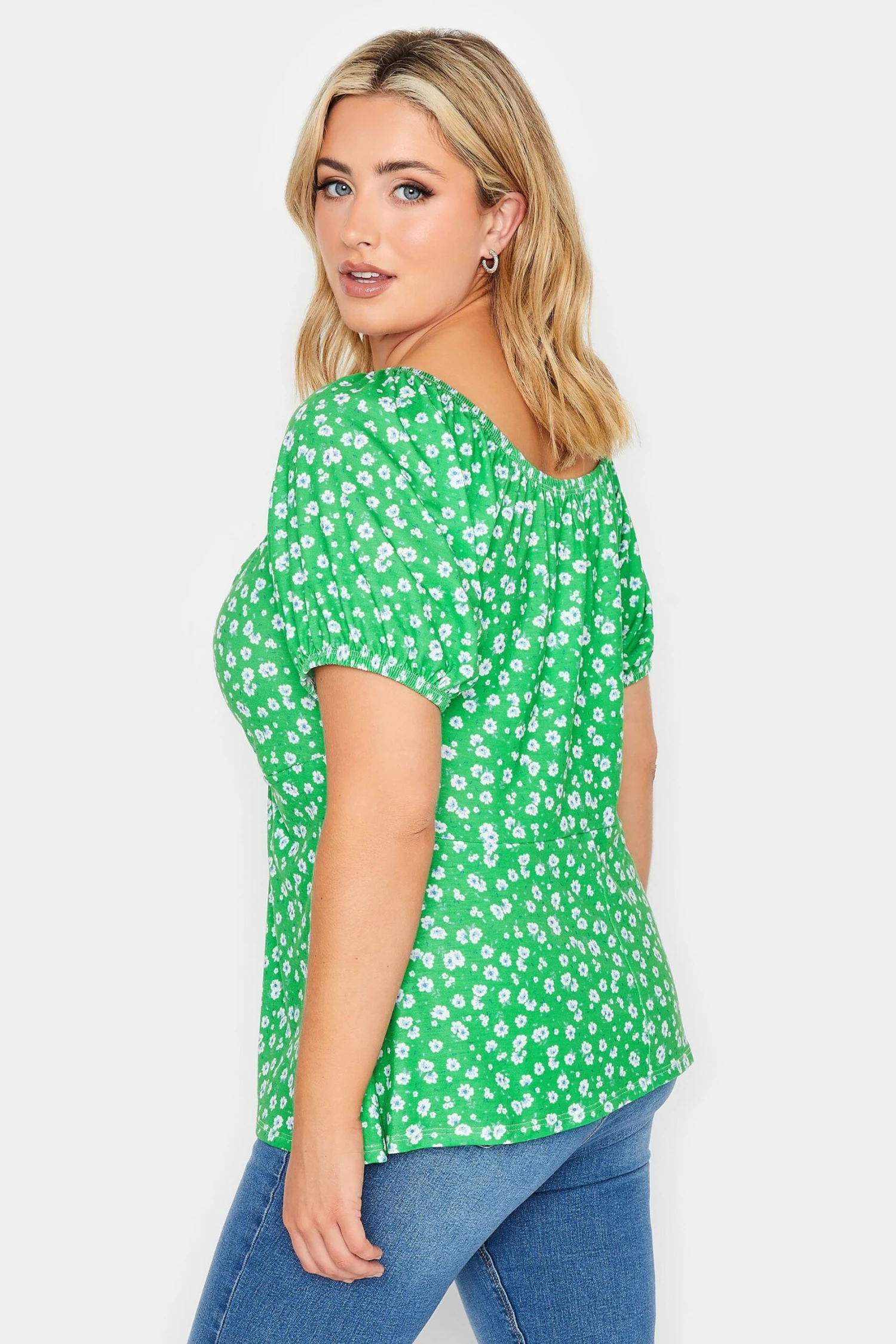 YOURS PETITE Curve Green Ditsy Print Ruched Front Top 2 YOURS PETITE Curve Green Ditsy Print Ruched Front Top - Image 2
