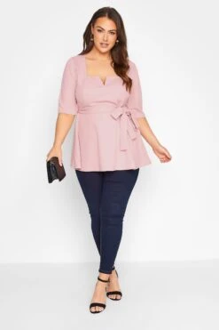 YOURS LONDON Curve Blush Pink Notch Neck Peplum Top