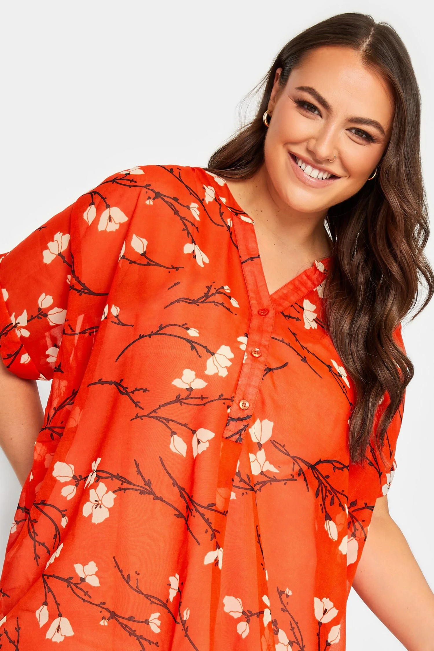 YOURS Curve Orange Floral Half Placket Shirt 3 YOURS Curve Orange Floral Half Placket Shirt - Image 3