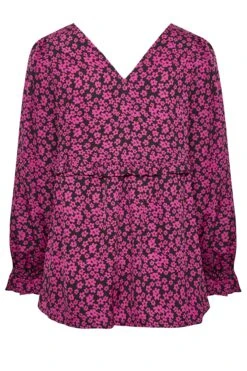 LIMITED COLLECTION Curve Pink Floral V-Neck Blouse -Saga Dresses Shop f1f8d719 13e6 40 215106 Y