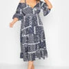 LIMITED COLLECTION Curve Navy Blue Patchwork Print Cold Shoulder Dress