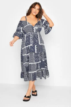 LIMITED COLLECTION Curve Navy Blue Patchwork Print Cold Shoulder Dress