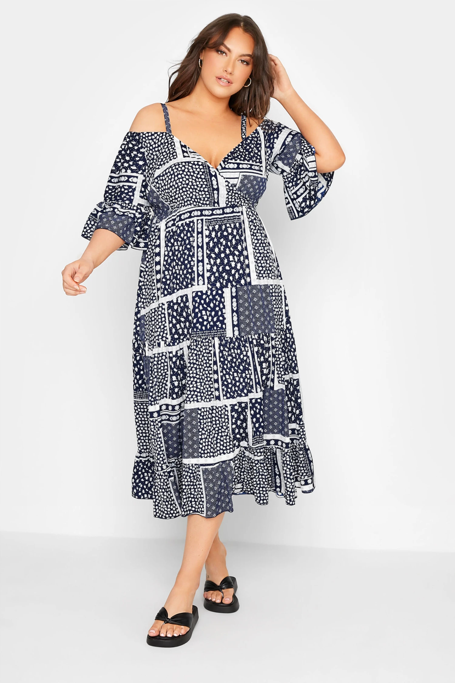 LIMITED COLLECTION Curve Navy Blue Patchwork Print Cold Shoulder Dress 1 LIMITED COLLECTION Curve Navy Blue Patchwork Print Cold Shoulder Dress