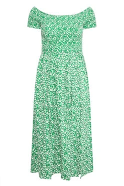 YOURS Curve Green Floral Shirred Bardot Maxi Dress 10 YOURS Curve Green Floral Shirred Bardot Maxi Dress -Saga Dresses Shop f3865df5 159c 4d 137099 X