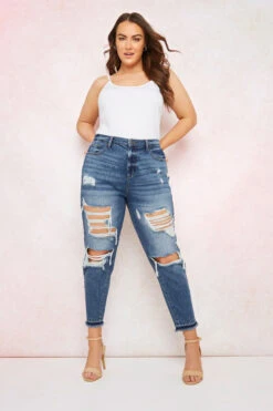 YOURS FOR GOOD Curve Mid Blue Extreme Distressed MOM Jeans -Saga Dresses Shop f52442ca a691 4b 142653 L