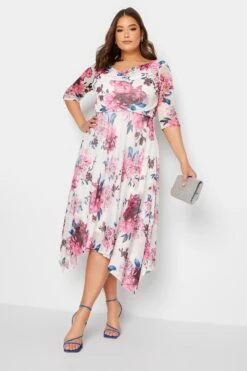 YOURS LONDON Curve White Floral Cowl Neck Mesh Dress
