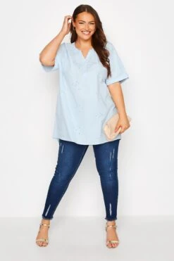YOURS Curve Blue Embroidered Half Placket Raglan Blouse