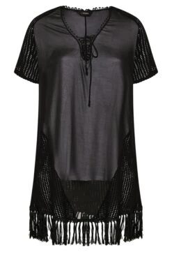 YOURS Curve Black Chiffon Short Sleeve Fringe Hem Top -Saga Dresses Shop f6e8ab6d 78d2 43 301031 X