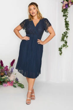 YOURS LONDON Curve Navy Blue Lace Wrap Pleated Midi Dress