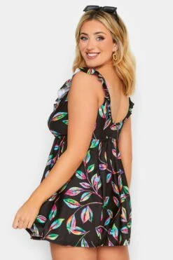 YOURS Curve Black Tropical Print Frill Swimdress