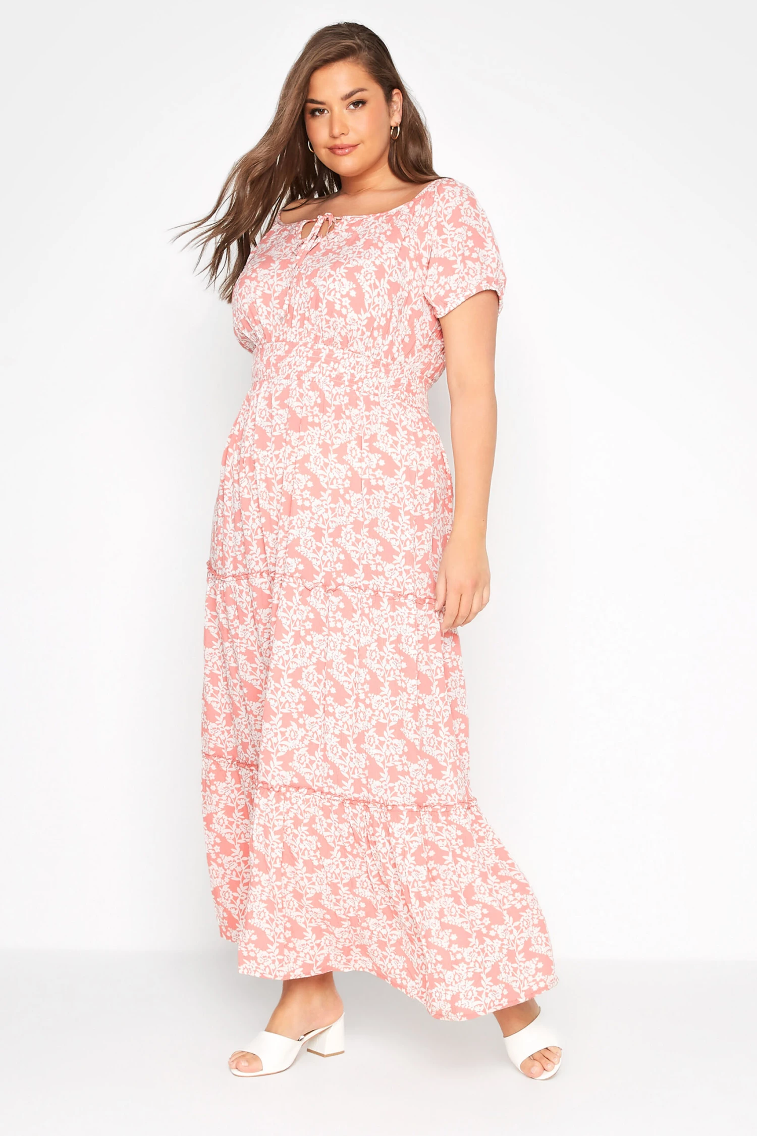 YOURS Curve Pink Floral Bardot Maxi Dress 1 YOURS Curve Pink Floral Bardot Maxi Dress