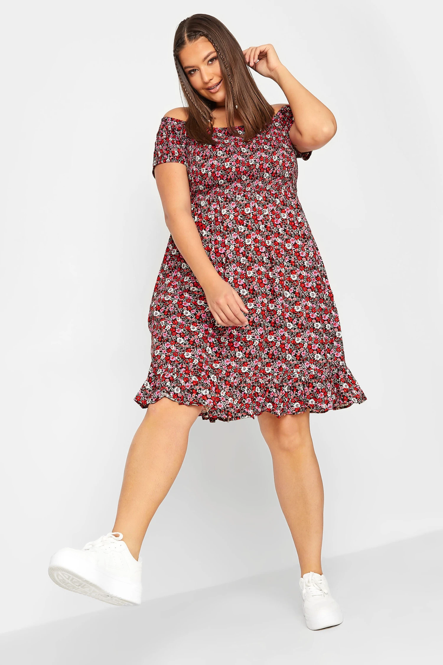 YOURS Curve Pink Floral Shirred Bardot Mini Dress 1 YOURS Curve Pink Floral Shirred Bardot Mini Dress