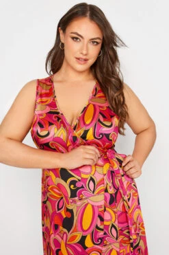 YOURS LONDON Curve Hot Pink Abstract Print Satin Wrap Dress -Saga Dresses Shop f937ae4e 56f2 45 161575 D