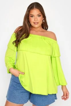 LIMITED COLLECTION Curve Lime Green Frill Bardot Top -Saga Dresses Shop fa7a32aa 5d79 4b 214959 A