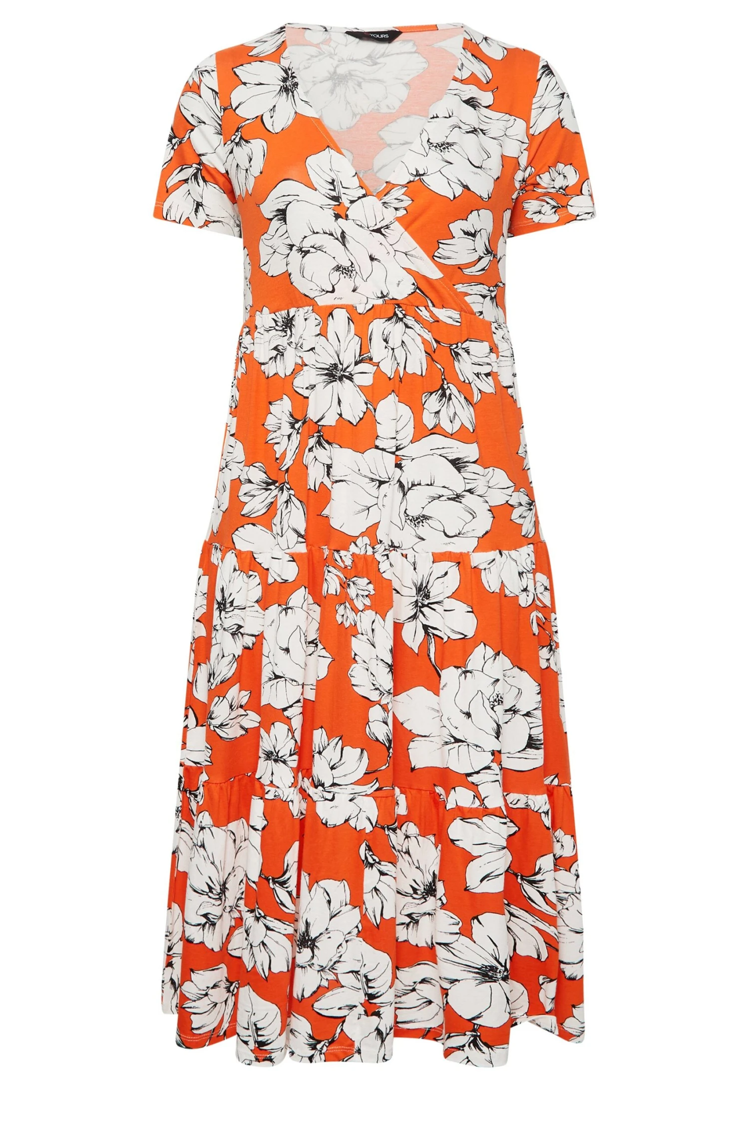 YOURS Curve Orange Floral V-Neck Tiered Wrap Dress 5 YOURS Curve Orange Floral V-Neck Tiered Wrap Dress - Image 5
