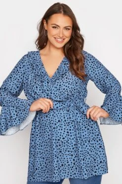 YOURS LONDON Curve Blue Dalmatian Ruffle Wrap Top -Saga Dresses Shop faf88048 05da 4d 161499 D