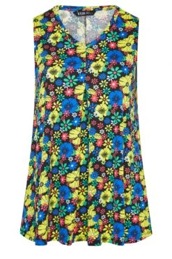 YOURS Curve Black & Yellow Floral Print Pleat Front Vest Top -Saga Dresses Shop fb3d1c4d 975f 44 302262 X