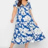 YOURS Curve Cobalt Blue Floral V-Neck Tiered Wrap Dress