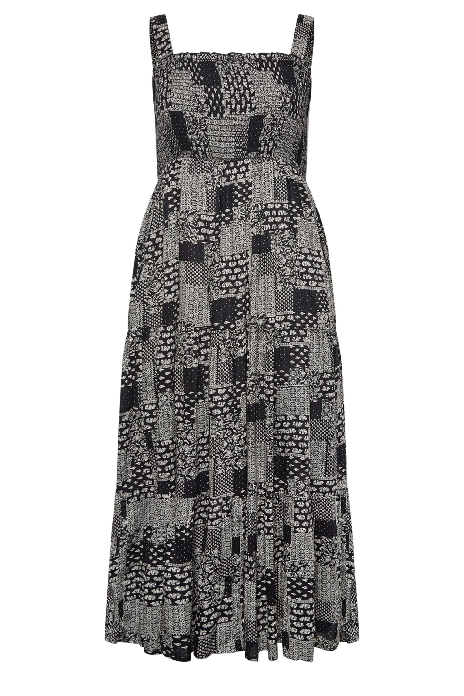 YOURS Curve Black Patchwork Print Shirred Strappy Sundress 5 YOURS Curve Black Patchwork Print Shirred Strappy Sundress - Image 5