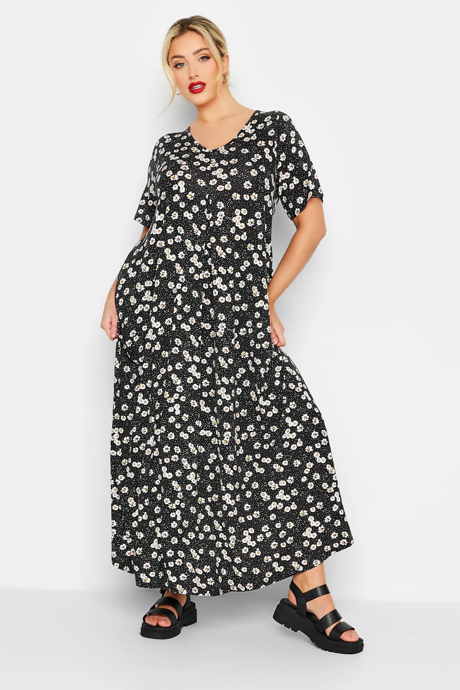 YOURS Curve Black Pleat Front Daisy Maxi Dress 1 YOURS Curve Black Pleat Front Daisy Maxi Dress