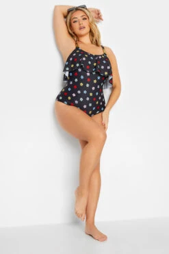 YOURS Curve Black Daisy Print Frill Chain Tummy Control Swimsuit