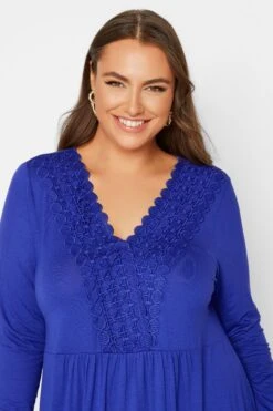 YOURS Curve Blue Crochet Trim Long Sleeve Tunic Top -Saga Dresses Shop fff1303a 9bdf 44 320340 D
